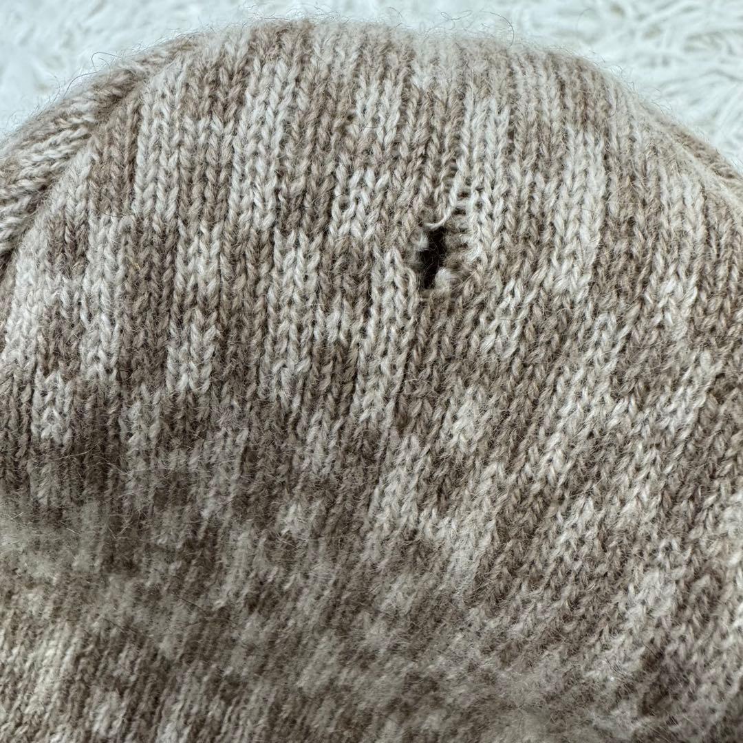 【訳あり】HERMES ニット帽　Hロゴ　総柄　ベージュ　カシミア　穴