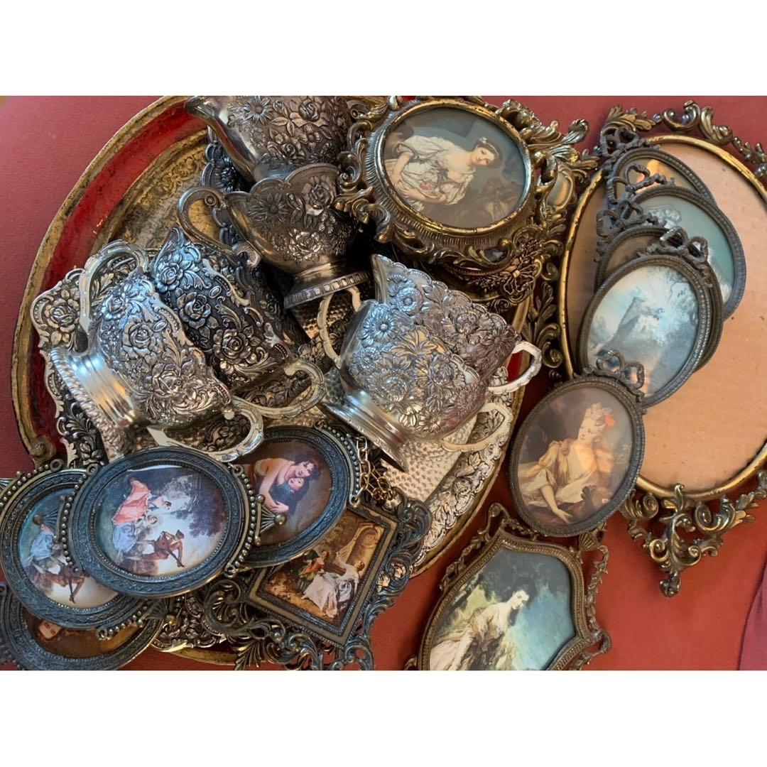 【フランスのヴィンテージ】シュガー&ミルクポット トレイ セット薔薇 銀色