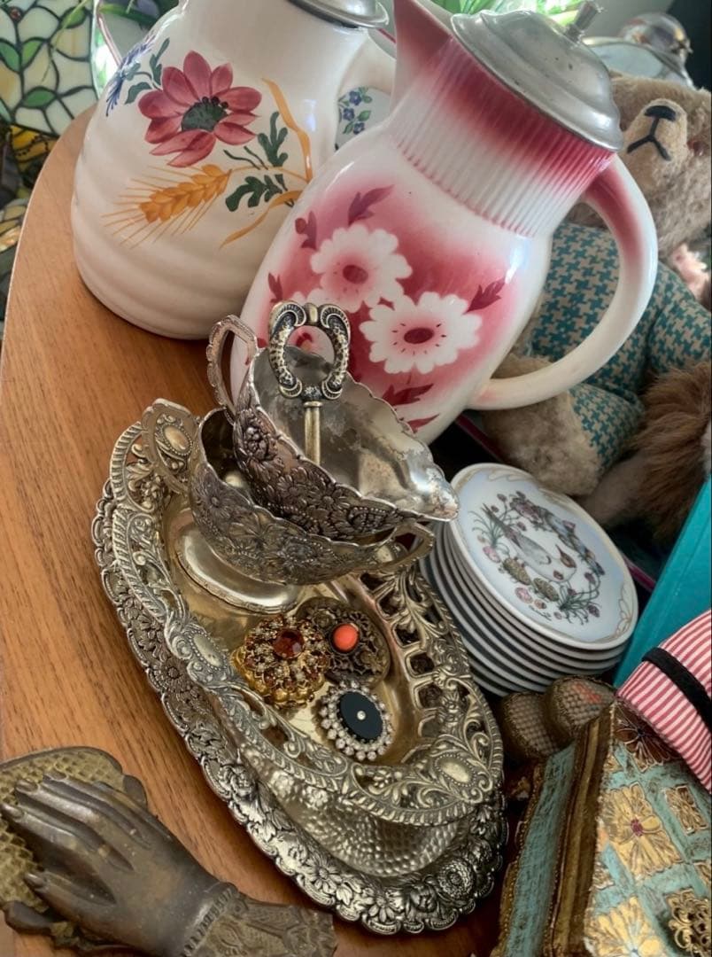 【フランスのヴィンテージ】シュガー&ミルクポット トレイ セット薔薇 銀色