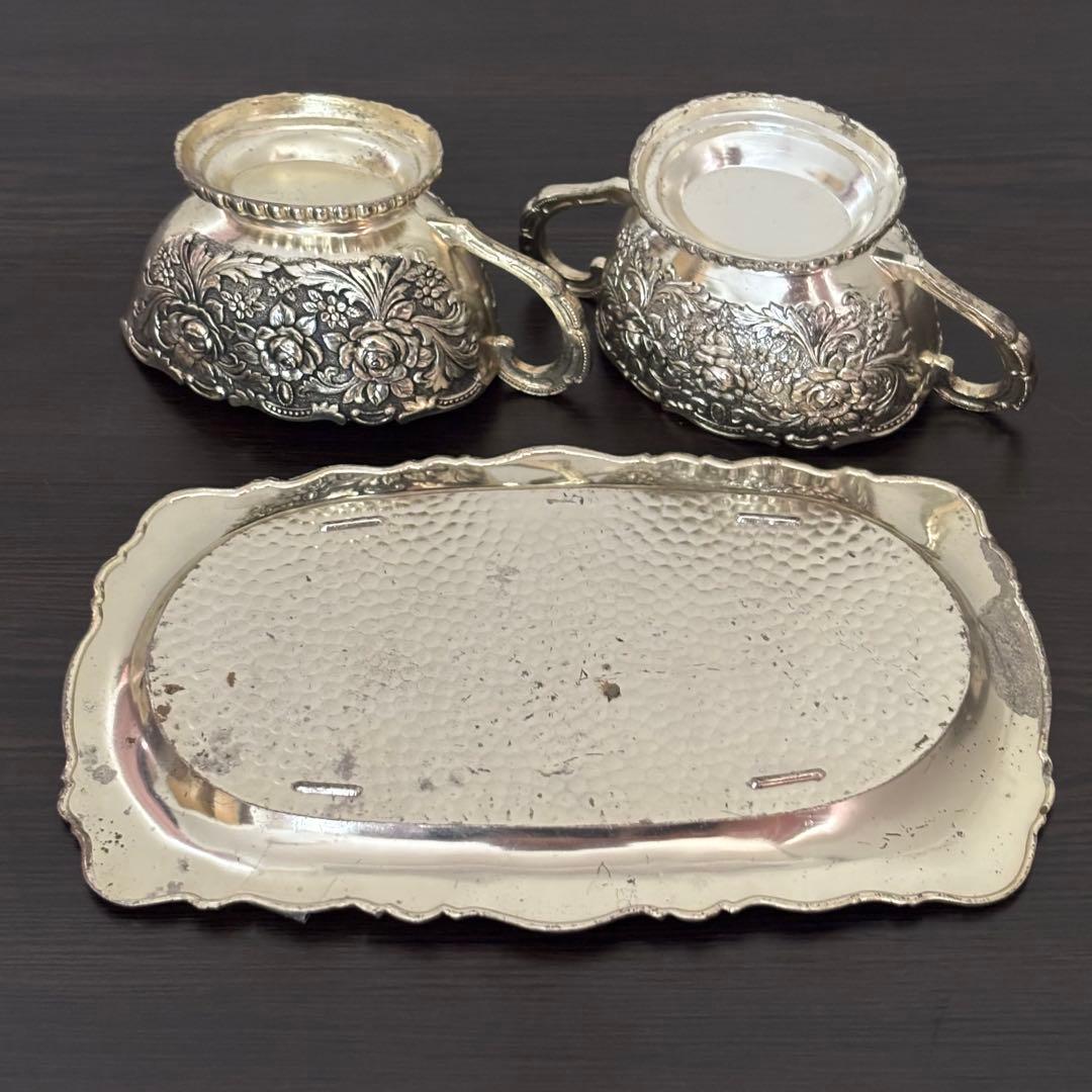 【フランスのヴィンテージ】シュガー&ミルクポット トレイ セット薔薇 銀色