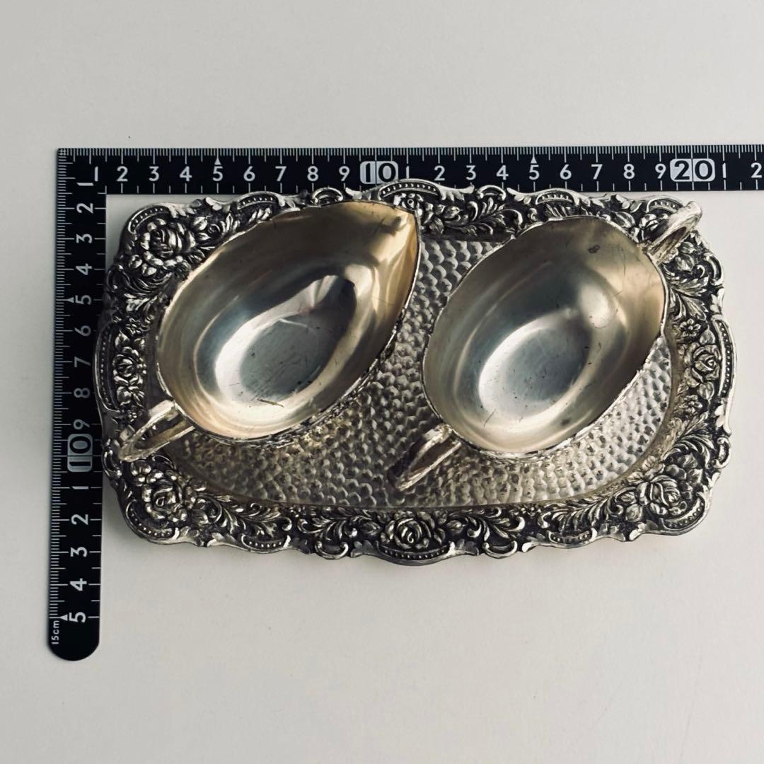 【フランスのヴィンテージ】シュガー&ミルクポット トレイ セット薔薇 銀色