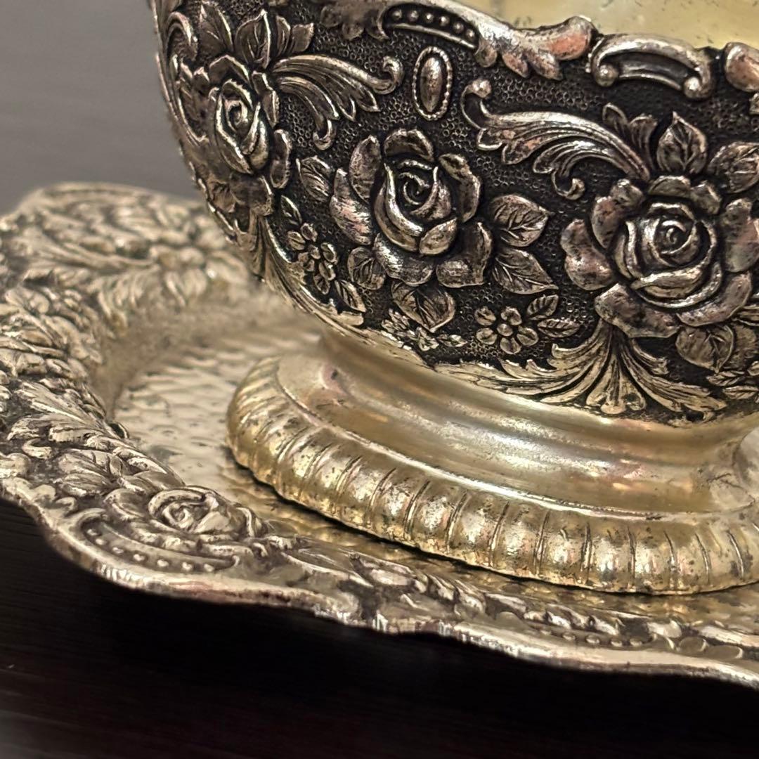 【フランスのヴィンテージ】シュガー&ミルクポット トレイ セット薔薇 銀色