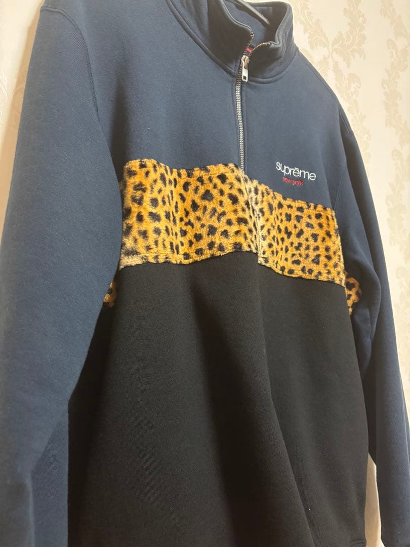 Supreme レオパード切替 ハーフジップ スウェット M ネイビー