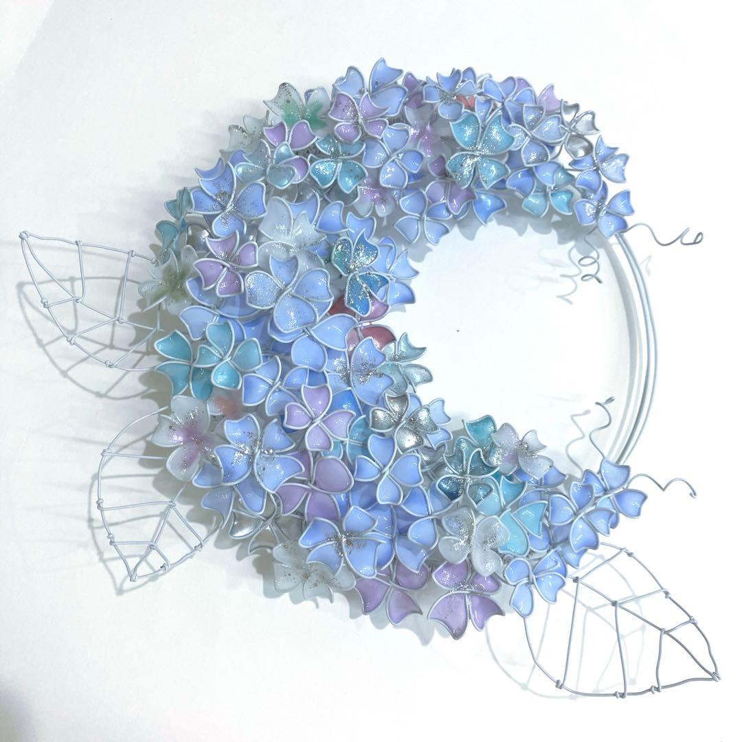 シャーベットブルー　大きな紫陽花リース　ワイヤークラフト　ディップアート　アート