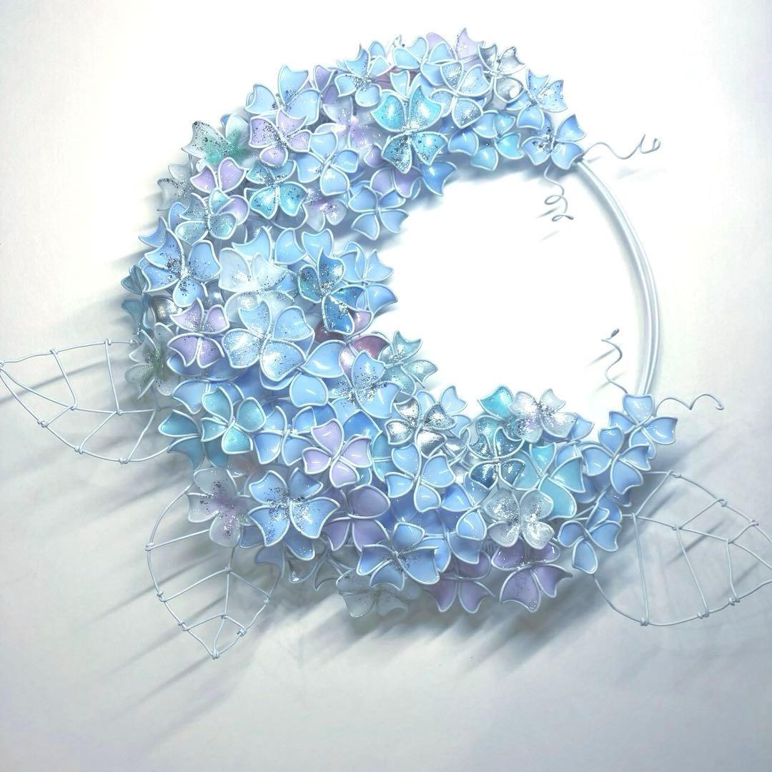 シャーベットブルー　大きな紫陽花リース　ワイヤークラフト　ディップアート　アート