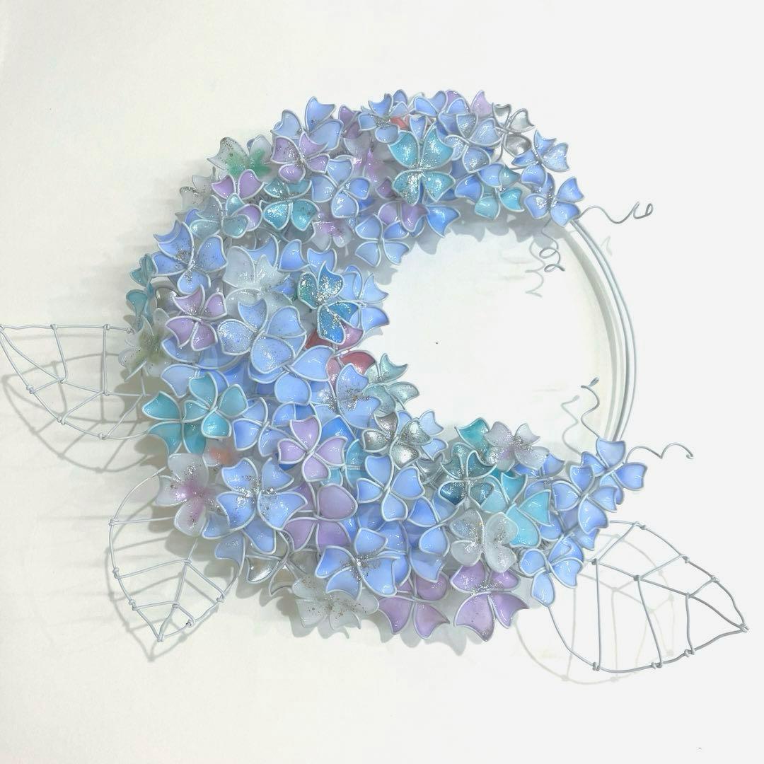 シャーベットブルー　大きな紫陽花リース　ワイヤークラフト　ディップアート　アート