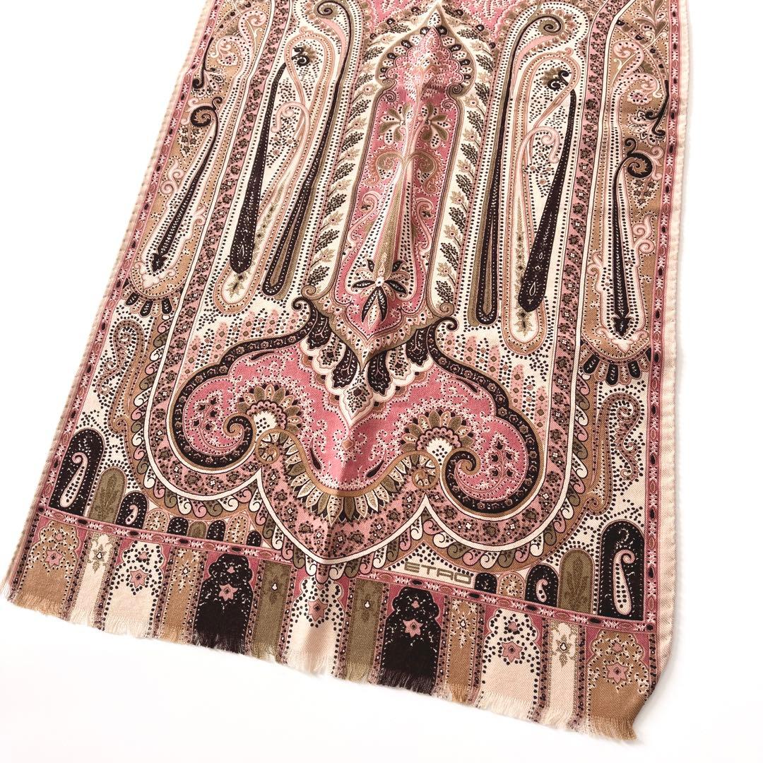 ETRO エトロ　ストール　ペイズリー柄　カシミール柄　ピンク　ベージュ　茶系