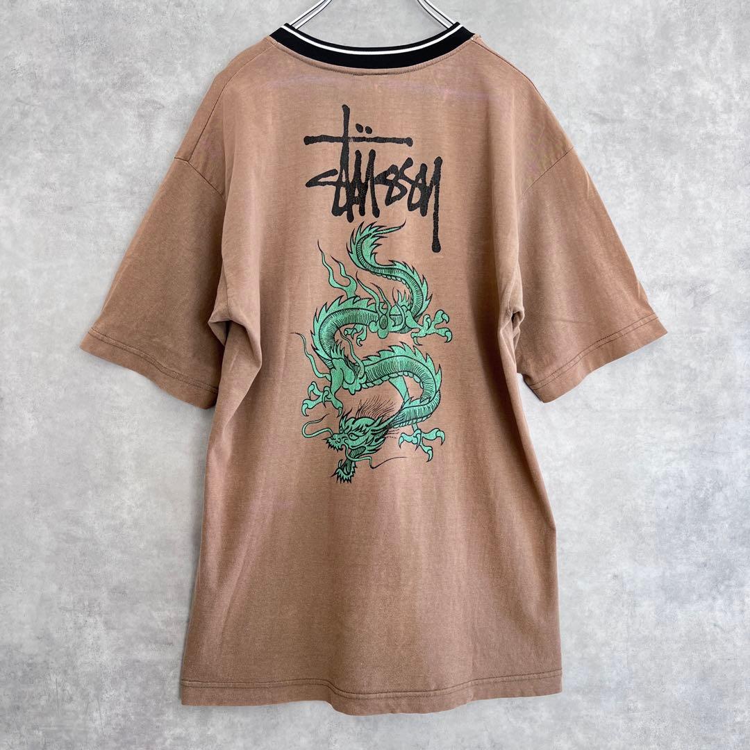 90s STUSSY ステューシー ドラゴン Tシャツ Vネック Lサイズ紺タグ