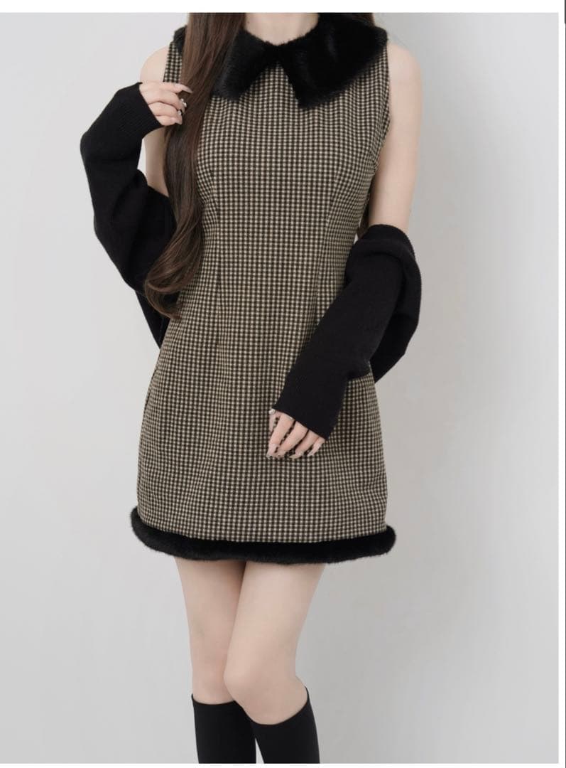 Lumignon Fur collar micro check dress