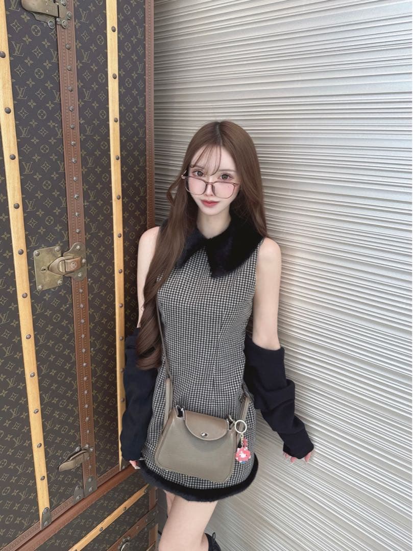 Lumignon Fur collar micro check dress - メルカリ