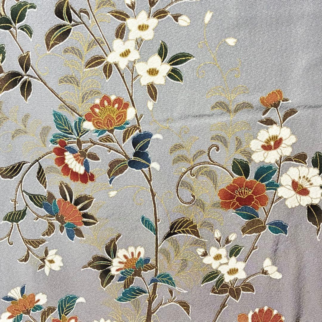 D58 訪問着 唐花 ブルーグレー 正絹 着物 袷 しつけ糸付き未使用極美品