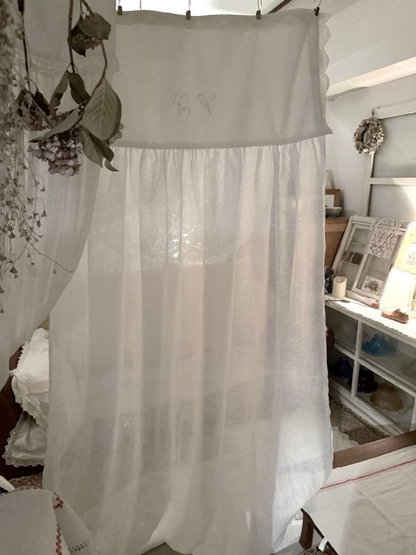 ご相談中ஐ⋆*フランスアンティークモノグラム入り・ナチュラルリネンカーテン