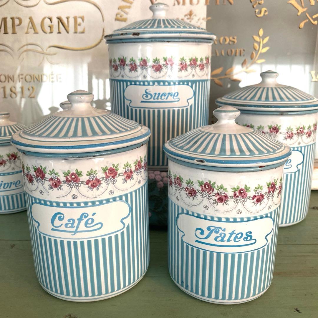 フランスアンティーク ホーロー キャニスター ローズバンド