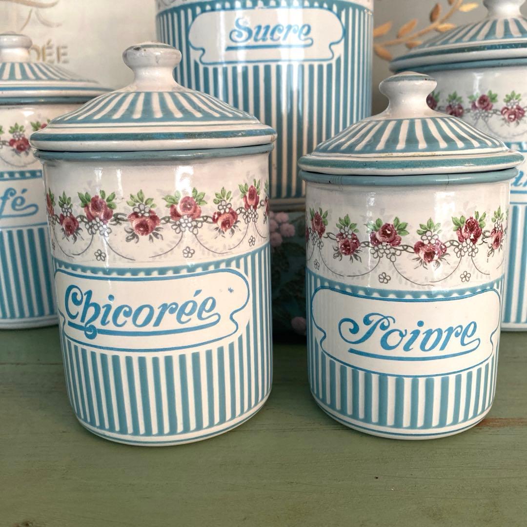 フランスアンティーク ホーロー キャニスター ローズバンド