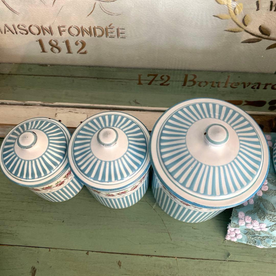 フランスアンティーク ホーロー キャニスター ローズバンド