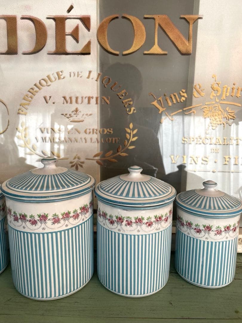 フランスアンティーク ホーロー キャニスター ローズバンド