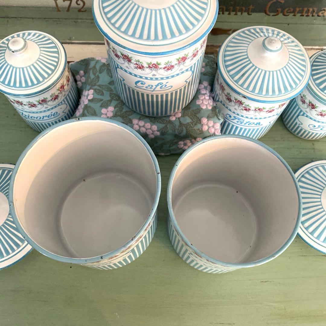 フランスアンティーク ホーロー キャニスター ローズバンド