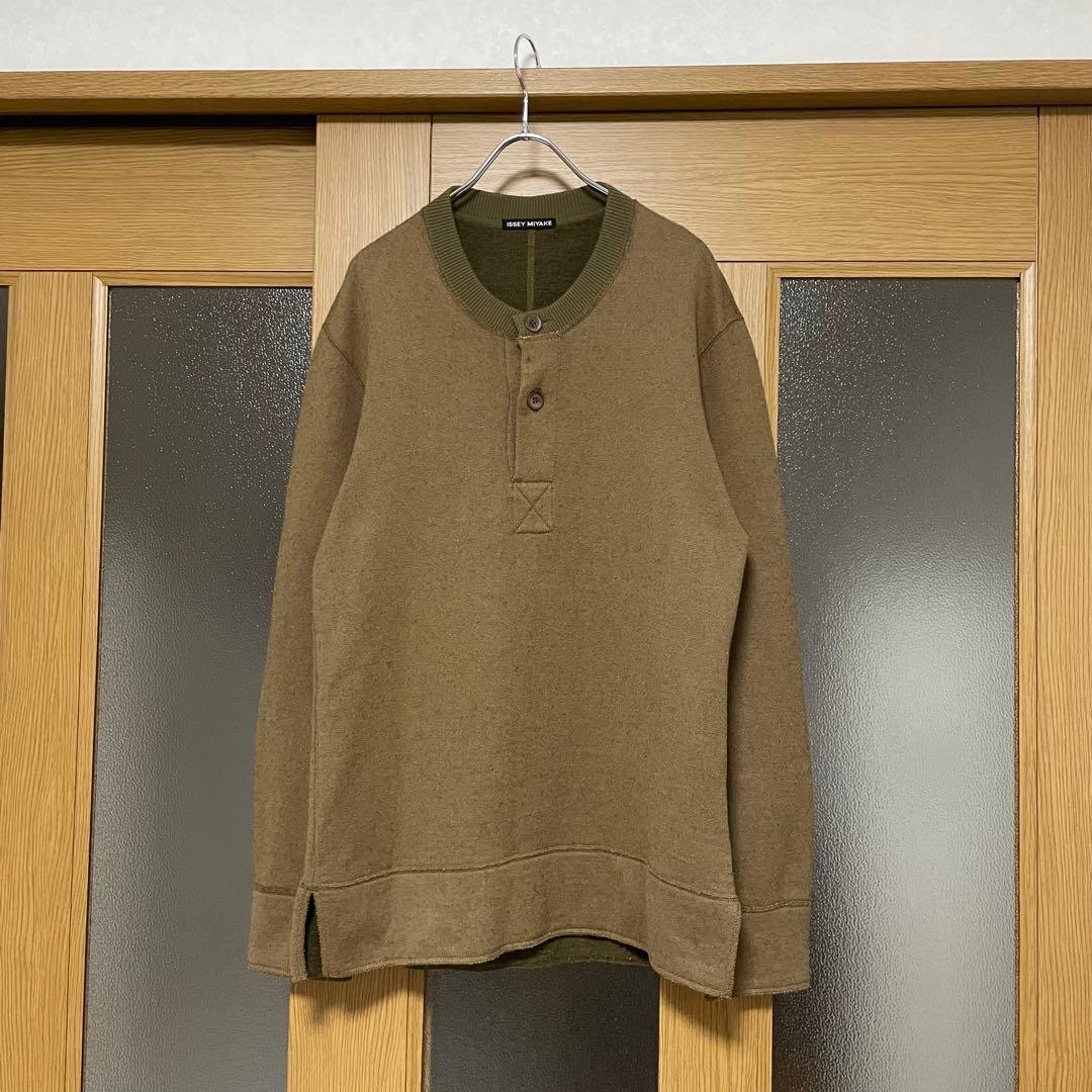 イッセイミヤケ 90s ヘンリーネック 衿リブ切替 ニット ブラウン 2サイズM