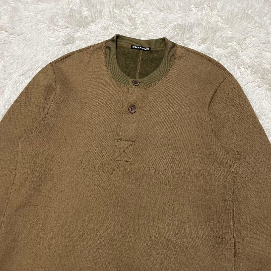 イッセイミヤケ 90s ヘンリーネック 衿リブ切替 ニット ブラウン 2サイズM
