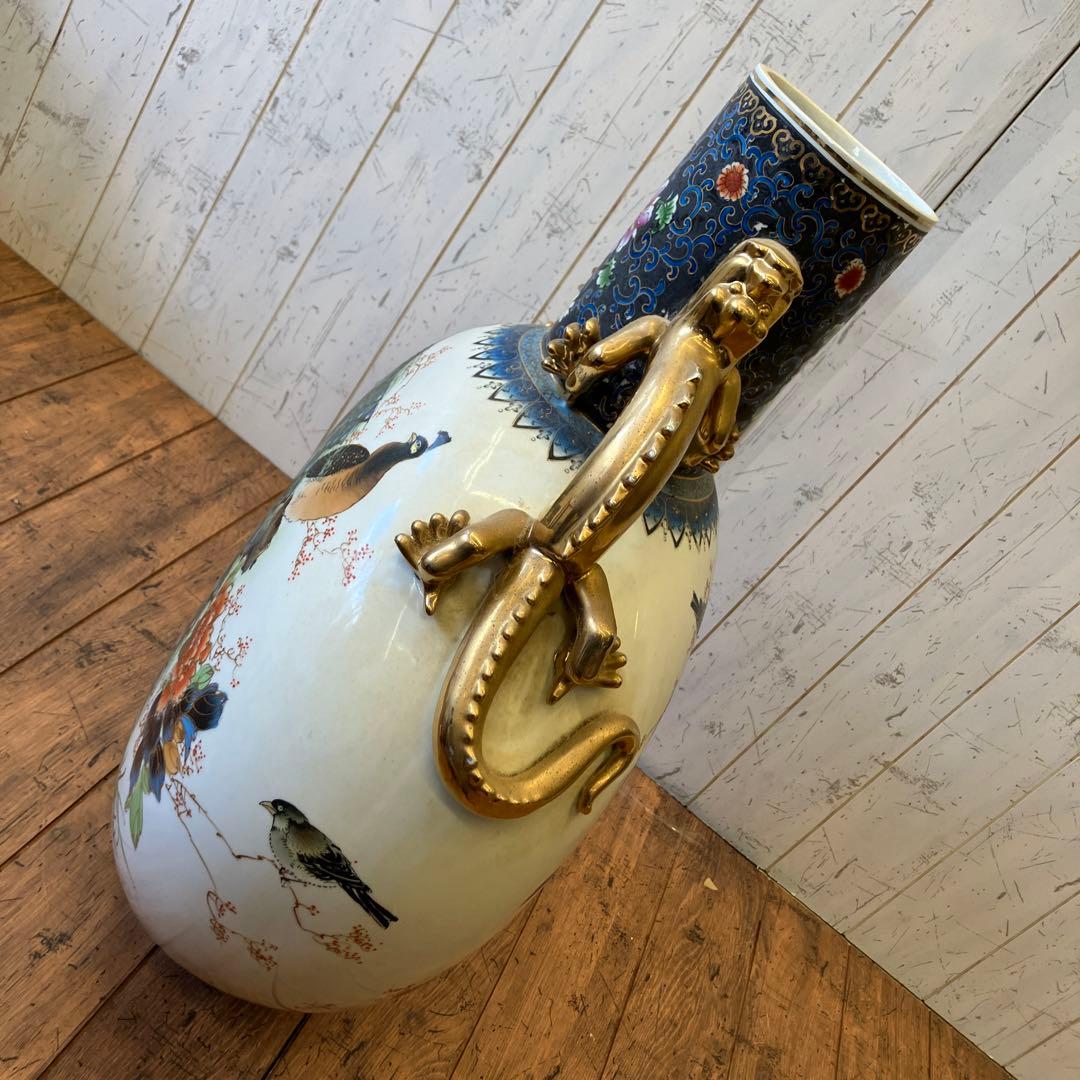中国古美術 陶器製 金彩 孔雀 花柄 龍持ち手 大型 花瓶 ボトル型 花器