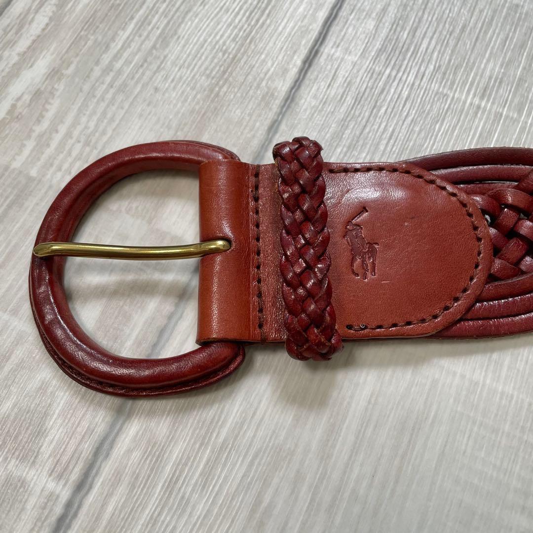 状態良《ラルフローレン》 編み込みレザーベルト 真鍮 高級 ブラウン