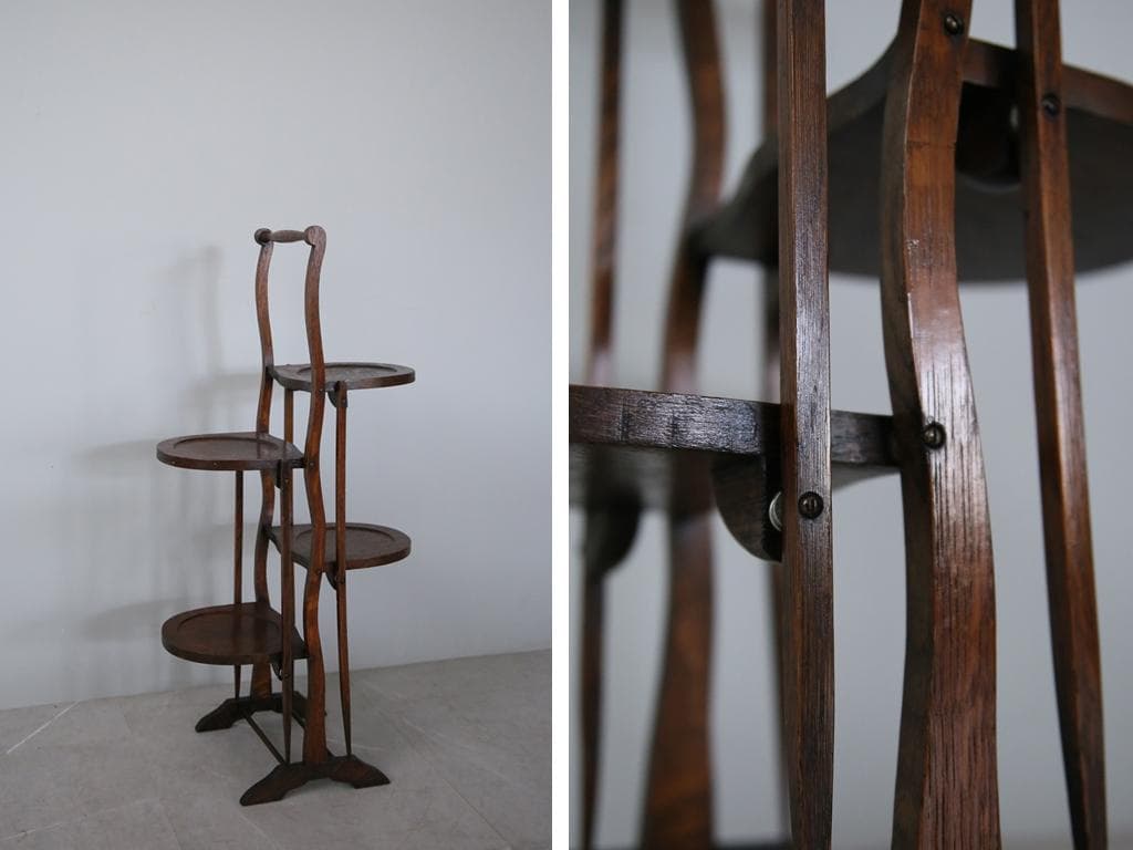 英国アンティーク3連ケーキスタンド/飾り棚/木製テーブル皿/花台(88-118)