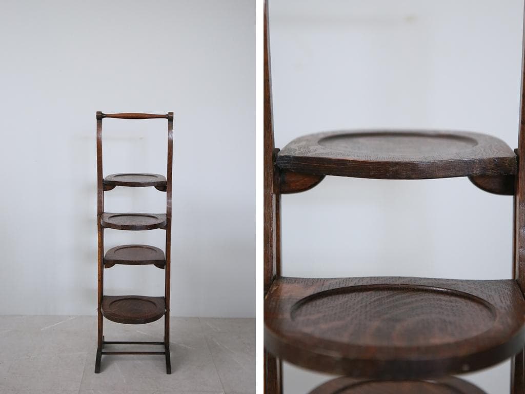 英国アンティーク3連ケーキスタンド/飾り棚/木製テーブル皿/花台(88-118)