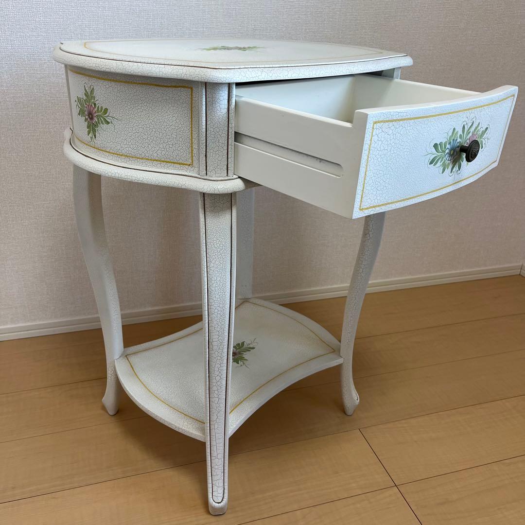 希少】アンティーク調 フラワーペイント 猫脚サイドテーブル 引き出し
