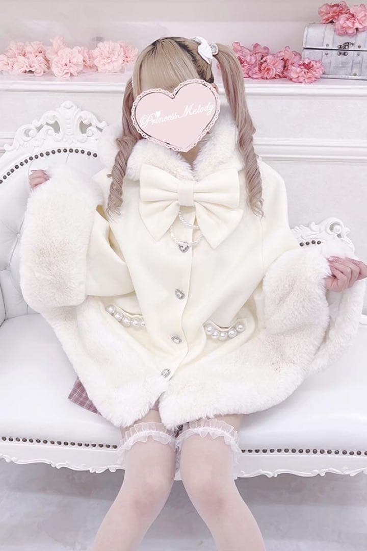 【美品】MARS リボン付きボリュームファーフードケープコート ホワイト