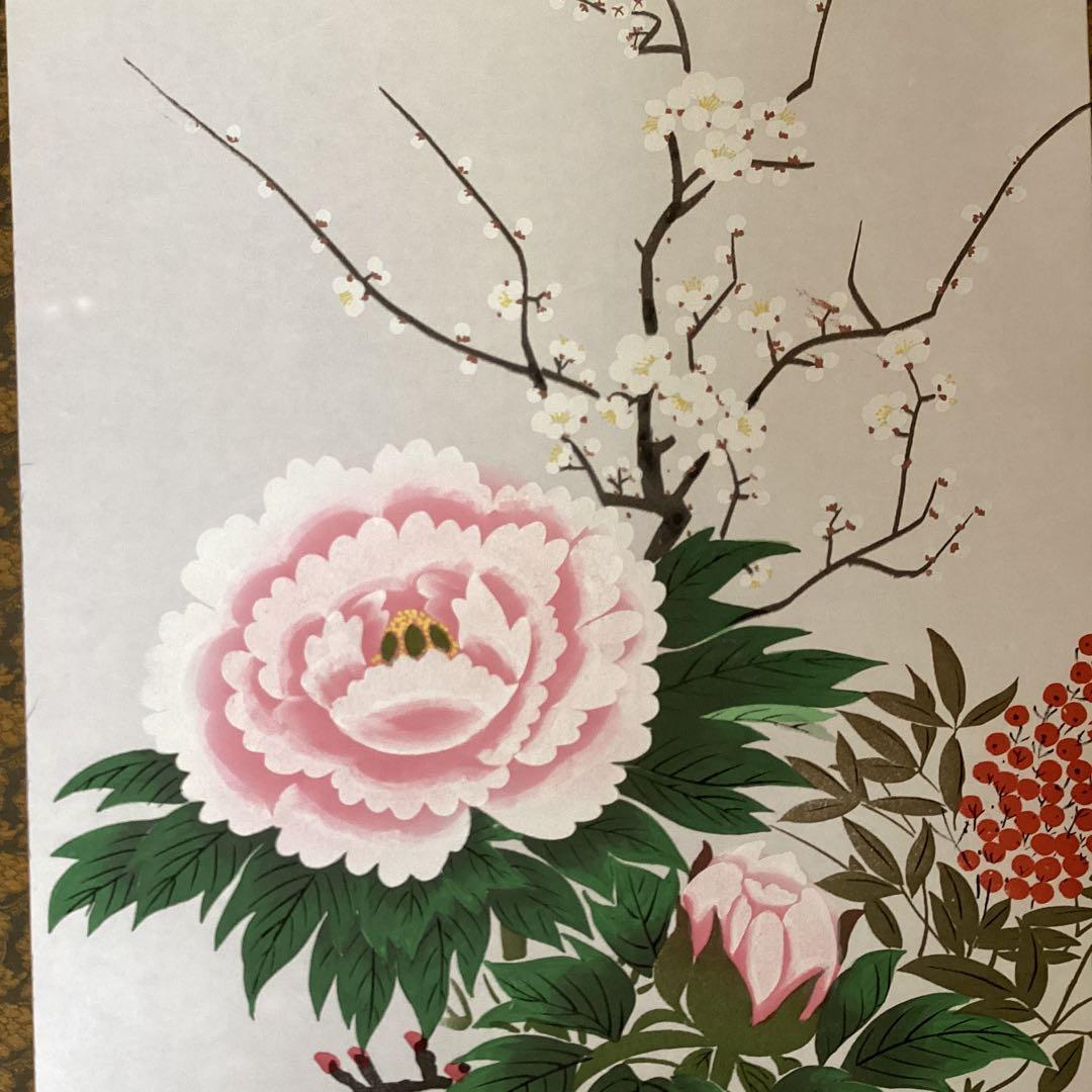 《　翠　堂　筆》　彩色花鳥画　絹本掛軸　【　四季花之図　】共箱522