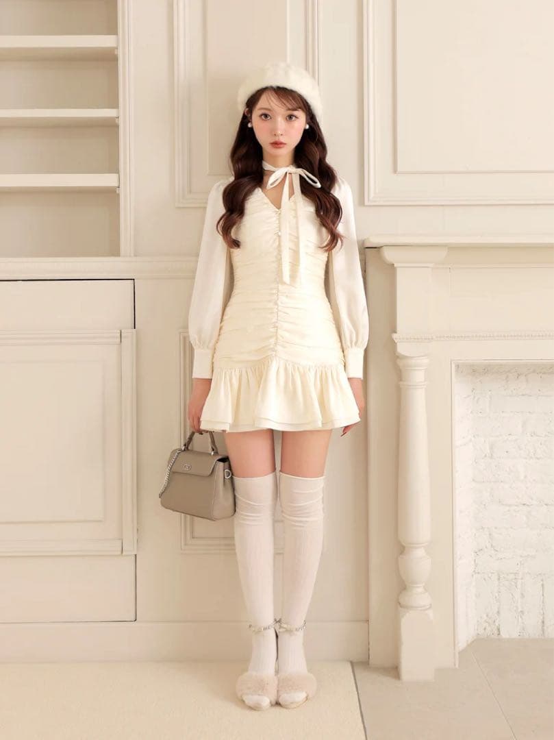 ワンピース M me eme Gather ribbon blouse onepiece