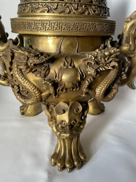 真鍮製 超特大 香炉 高級黄銅製香炉 銘有り 獅子 龍 縁起物 14.70Kg