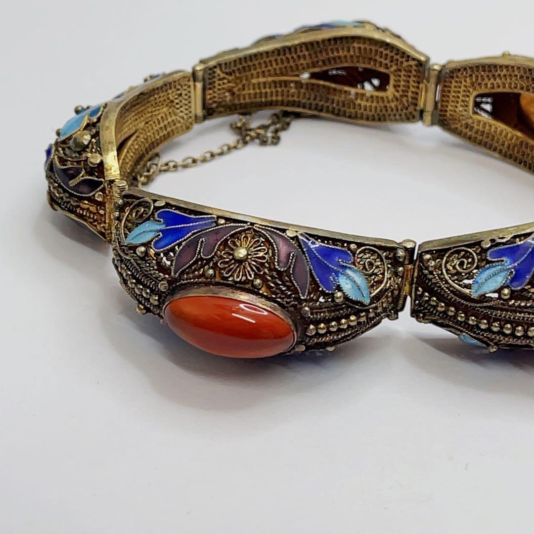 中国七宝 s925 銀線細工 天然石 ストーン ブレスレット バングル