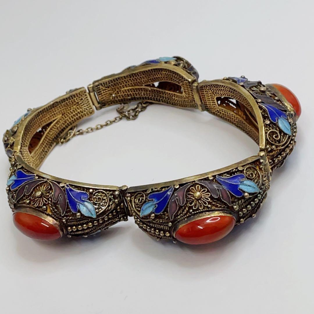 中国七宝 s925 銀線細工 天然石 ストーン ブレスレット バングル