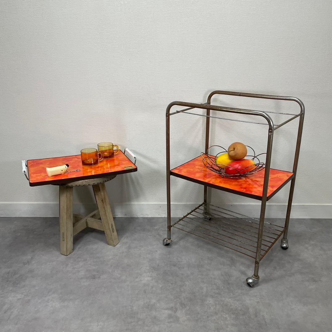 昭和レトロ 花柄 キッチンワゴン オレンジ トレー ヴィンテージ ビンテージ