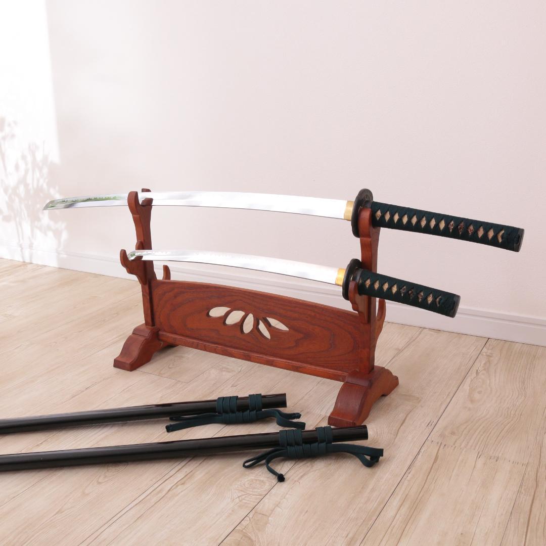 模造刀 日本刀 大小セット 黒柄 木製刀掛け(刀置き)・収納袋セット