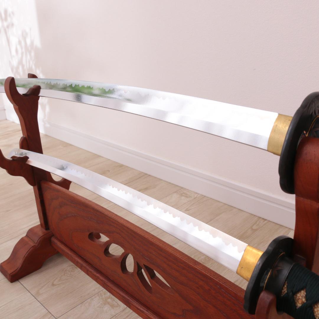 模造刀 日本刀 大小セット 黒柄 木製刀掛け(刀置き)・収納袋セット