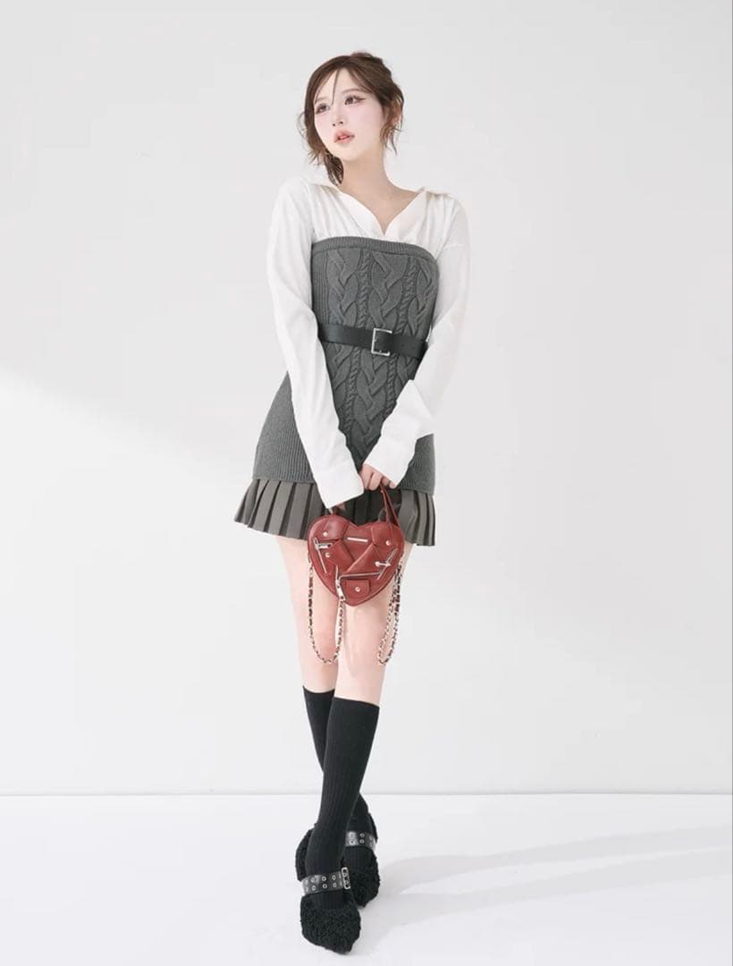 ダーリッチ シャツドッキングプリーツニットミニワンピース