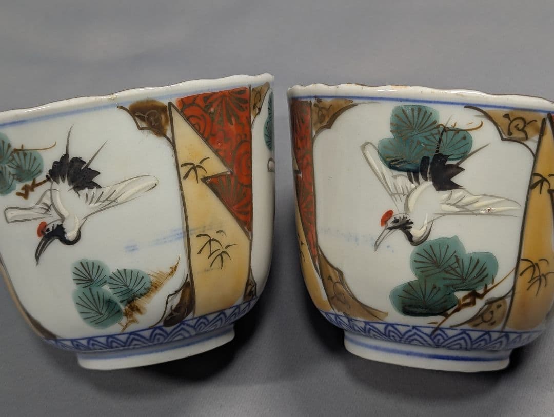 m.mamaさま専用 色絵松鶴図向付蕎麦猪口3客 染付