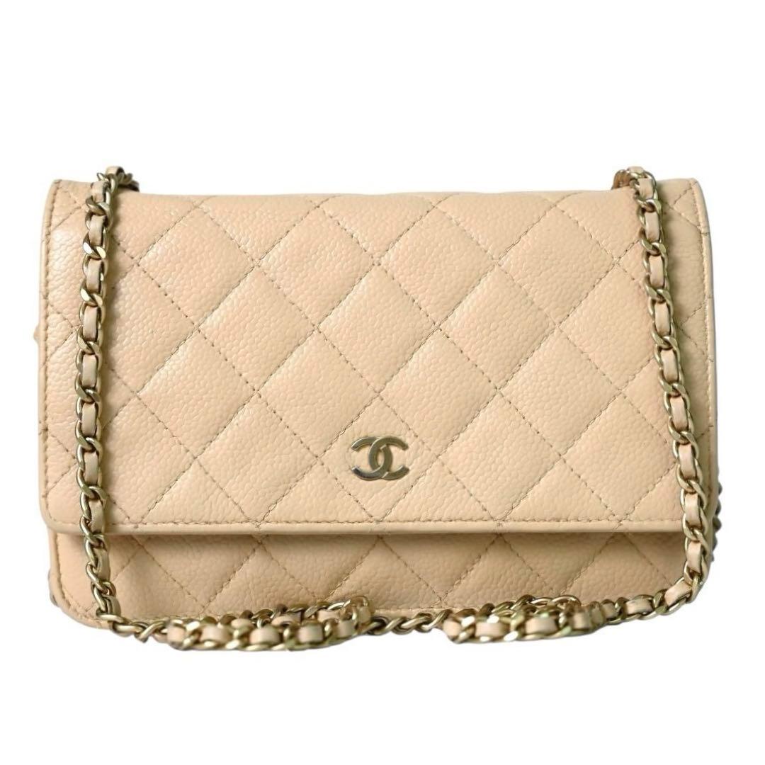 【美品】シャネル　キャビアスキン　チェーンウォレット　ベージュ　ポシェット