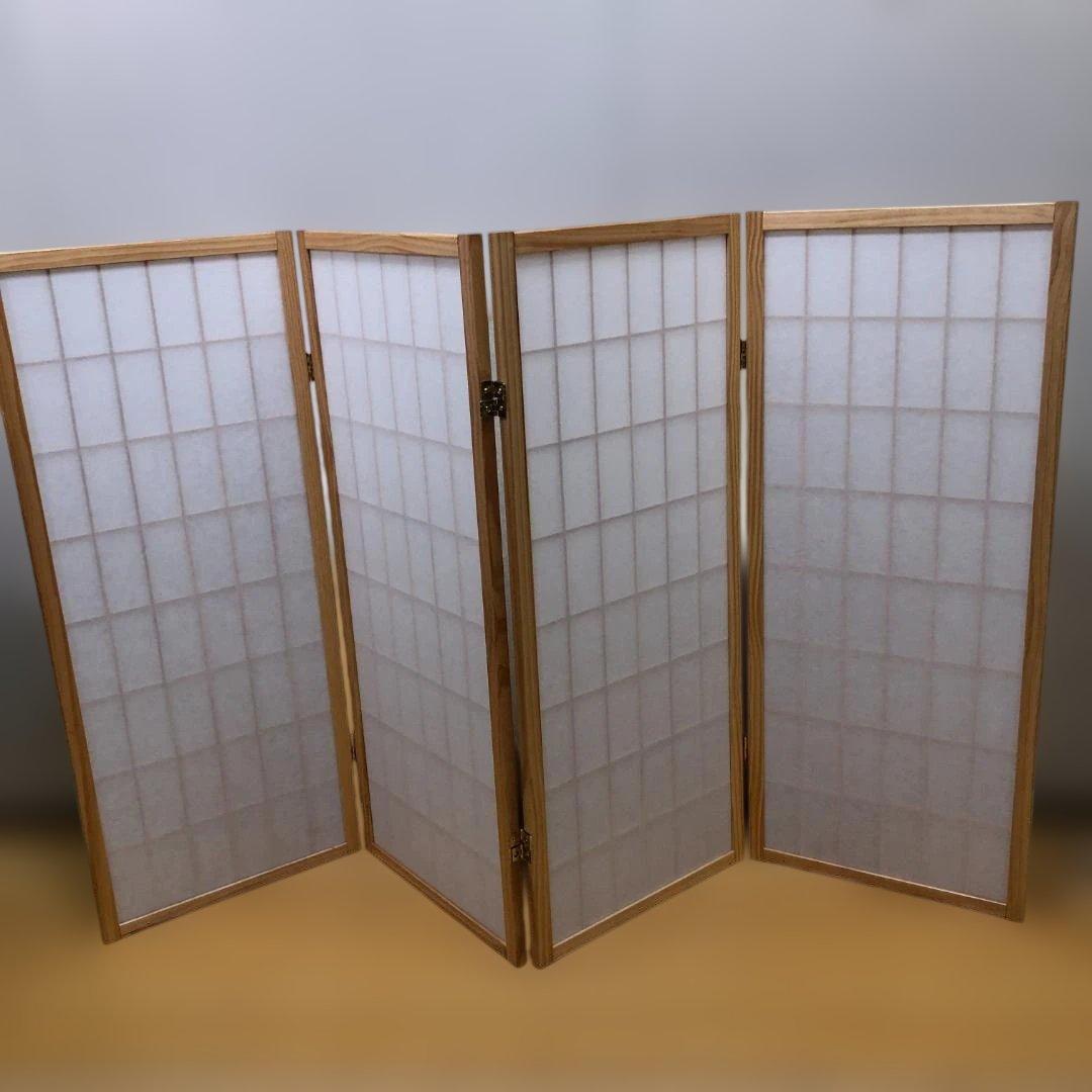 美品 木製 障子 衝立 4連 パーテーション 和風 折りたたみ 112930