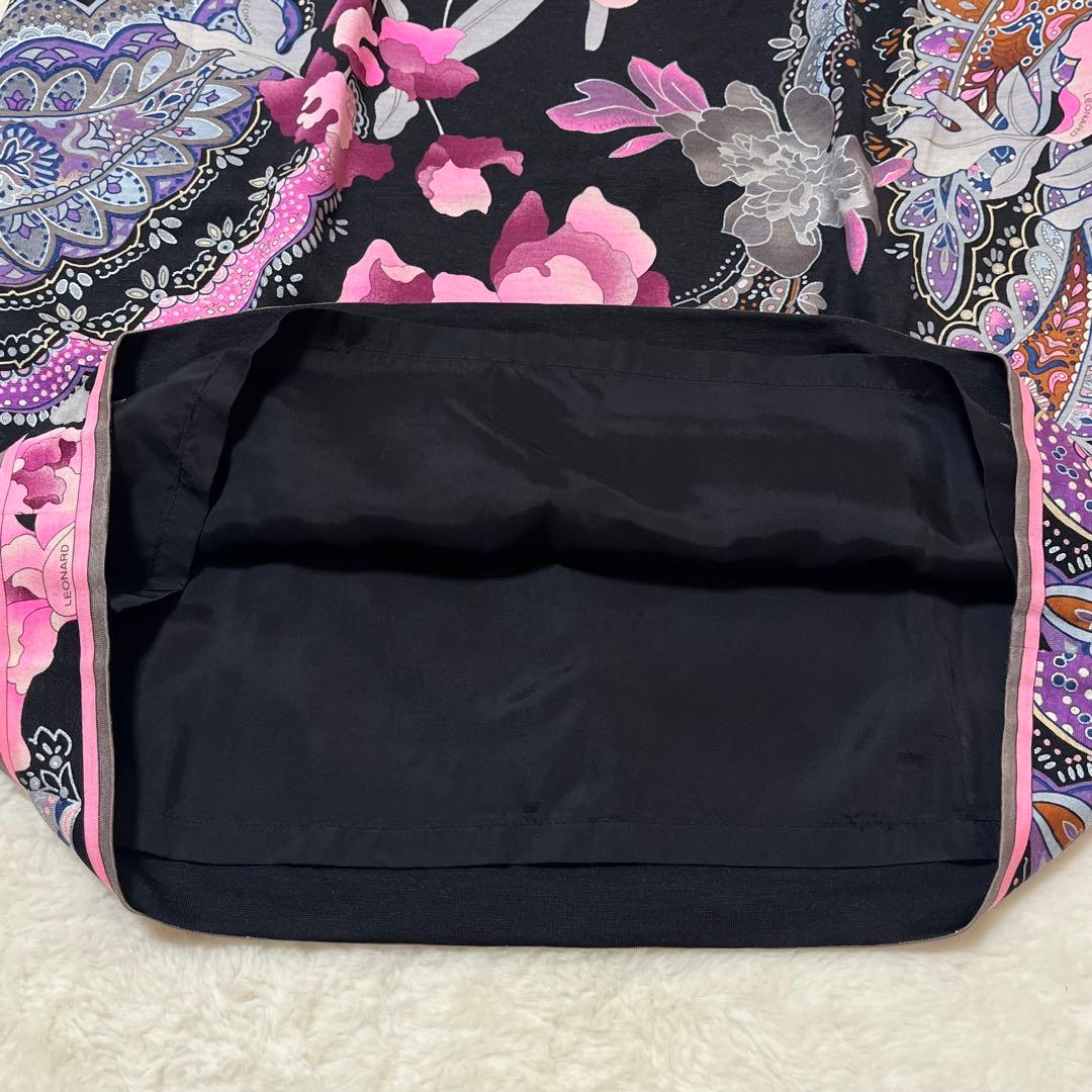 レオナール スカート ウールシルク 花柄 ペイズリー ひざ丈 76 黒ピンク