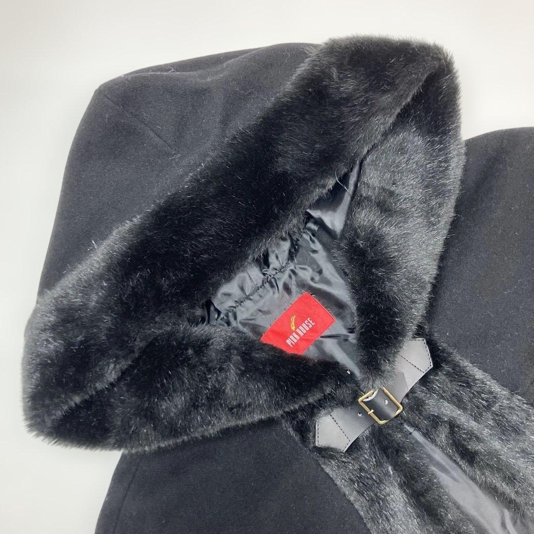 【試着のみ】ピンクハウス 黒 ファー使い マント/ケープコート/2022年 秋