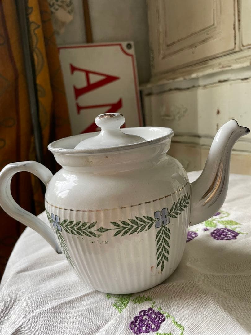 フランス　アンティーク　ホーロー　コーヒー　ティー　ポット　ガーランド　BB社