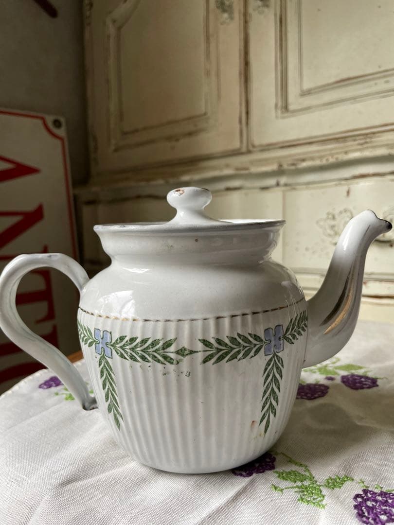 フランス　アンティーク　ホーロー　コーヒー　ティー　ポット　ガーランド　BB社