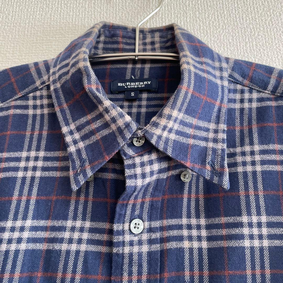 バーバリーロンドン 長袖 チェック シャツ S 紺 青 刺繍 ロゴ ノバ