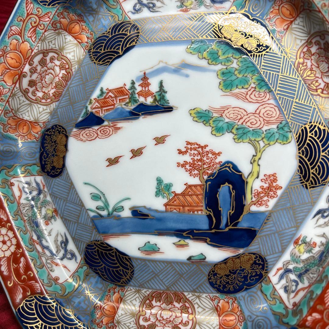 174 有田焼 古伊万里 幸楽窯 錦色絵山水 六角皿 5枚 箱付 18.5cm