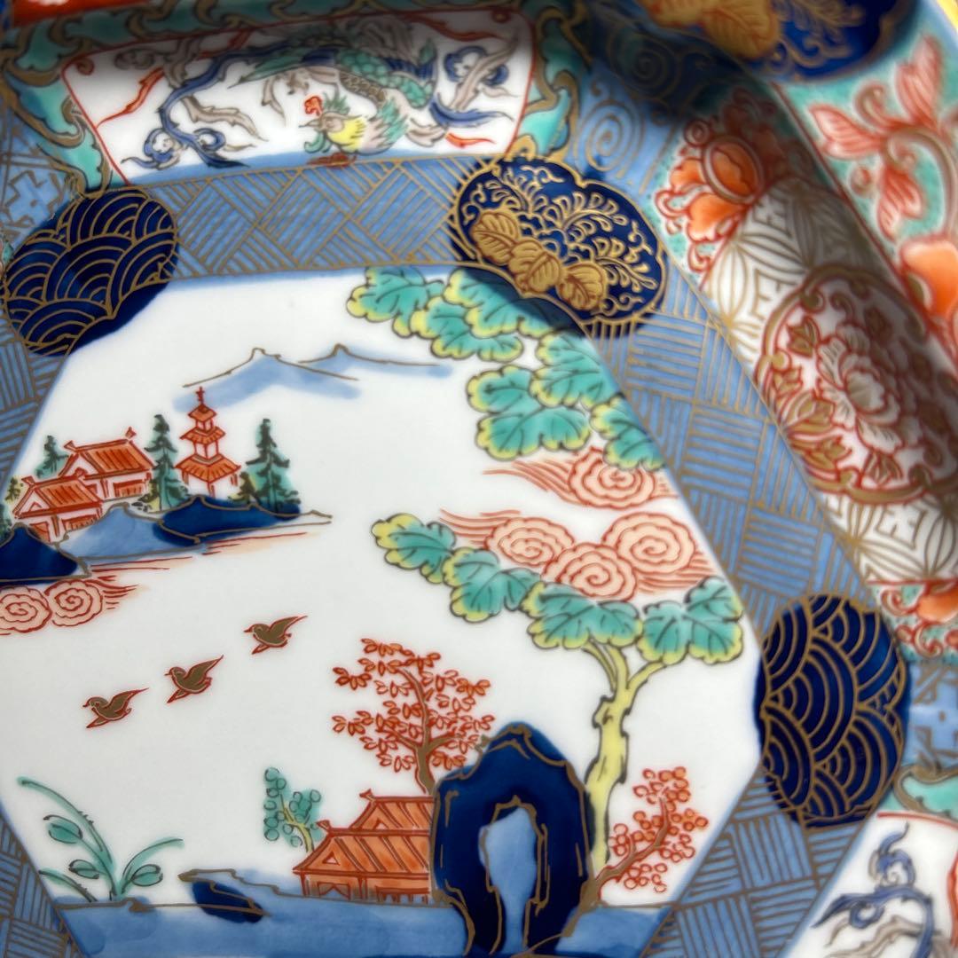 174 有田焼 古伊万里 幸楽窯 錦色絵山水 六角皿 5枚 箱付 18.5cm