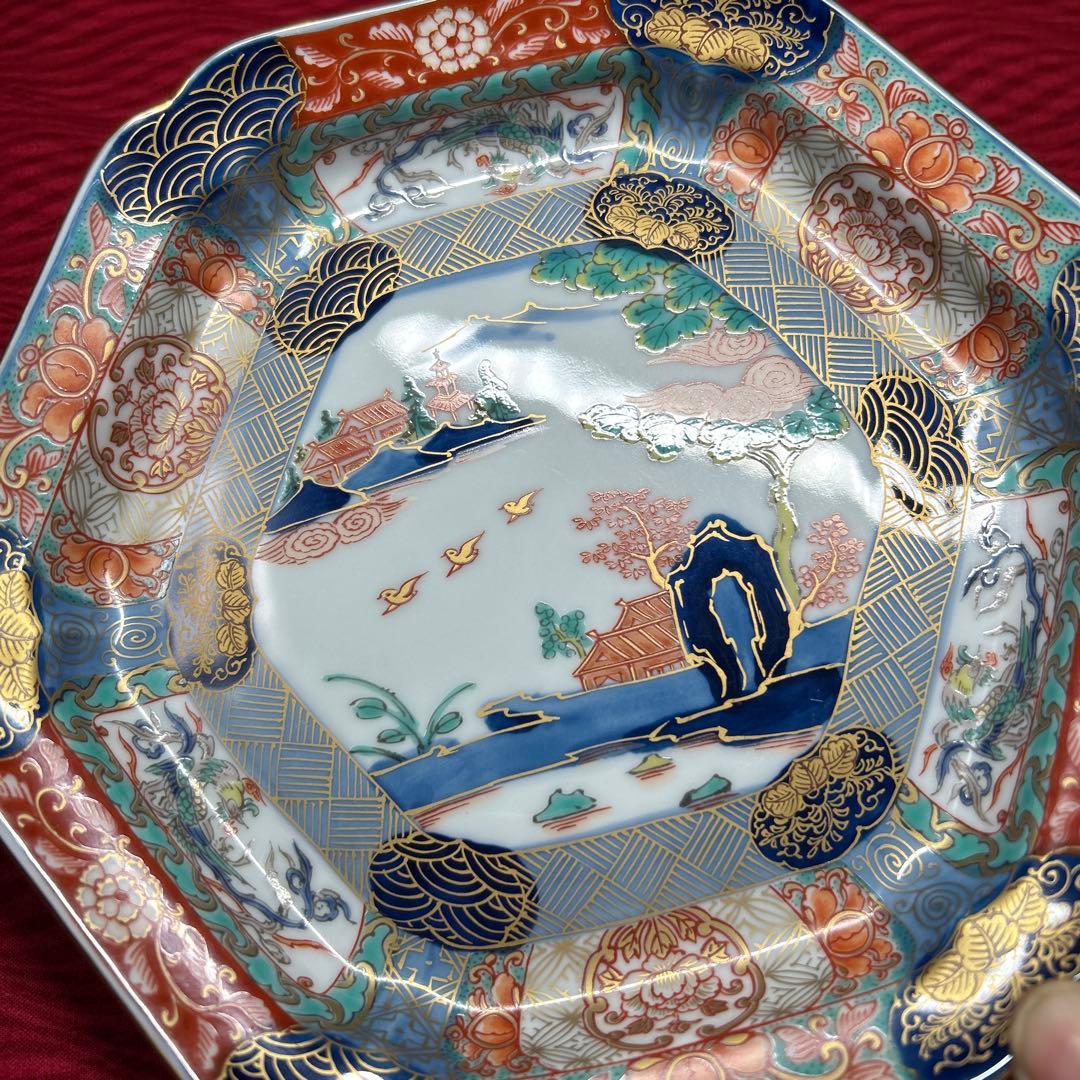 174 有田焼 古伊万里 幸楽窯 錦色絵山水 六角皿 5枚 箱付 18.5cm
