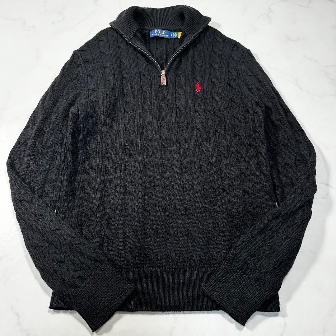 ポロラルフローレン ハーフジップ ケーブルニット 現行タグ 黒 S 実寸M相当